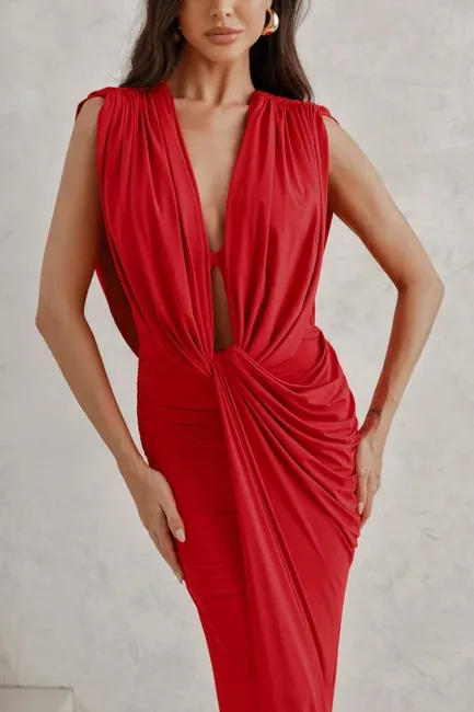 VESTIDO LONGO JERSEY DRAPEADO - VERMELHO