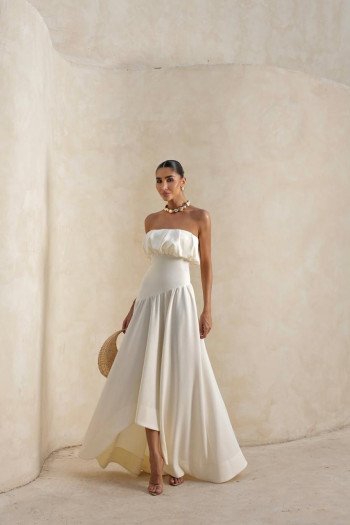 VESTIDO MIDI HELENA SAIA ASSIMÉTRICA - OFF WHITE