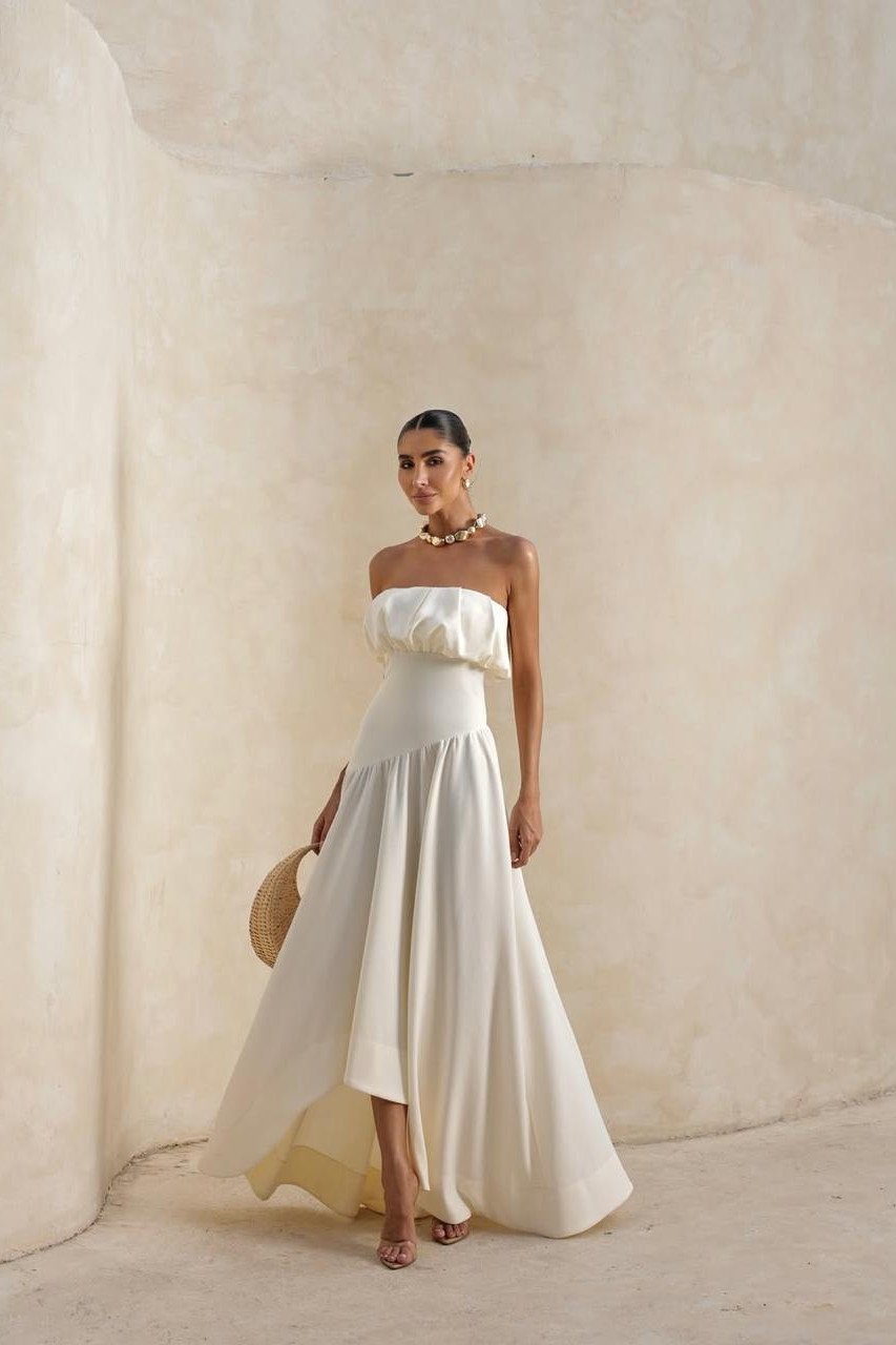 VESTIDO MIDI HELENA SAIA ASSIMÉTRICA - OFF WHITE