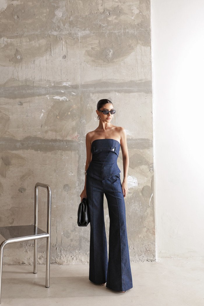CONJUNTO ROMA CORSET CALÇA VINCO - AZUL JEANS