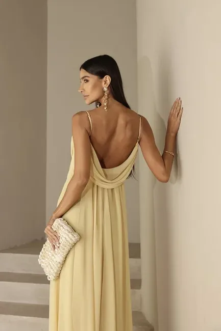 VESTIDO YOLANDA LONGO DRAPEADO BUSTO E COSTAS - CAMOMILA