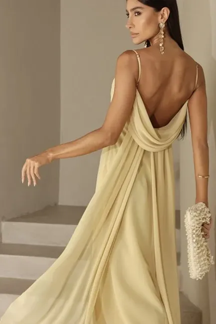VESTIDO YOLANDA LONGO DRAPEADO BUSTO E COSTAS - CAMOMILA