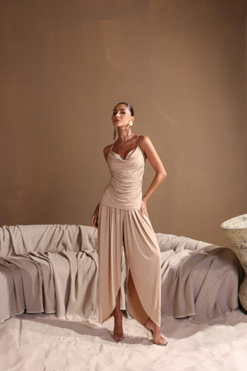 CONJUNTO ANGELINA CALÇA E BLUSA FRANZIDA - AREIA