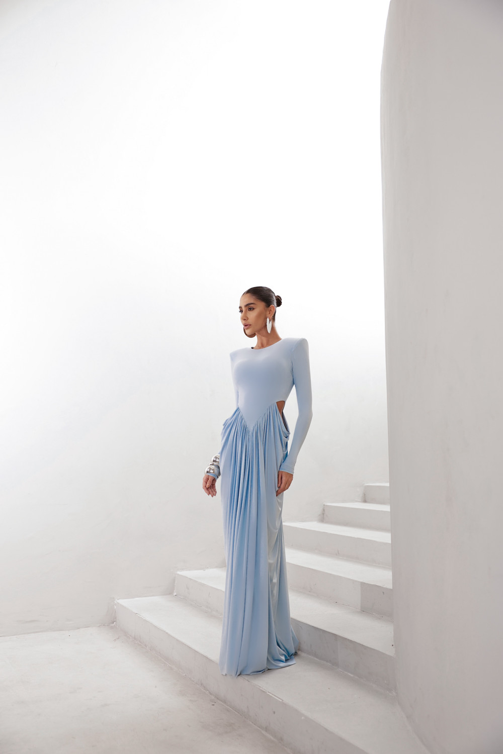 VESTIDO PARIS MANGA LONGA SAIA DRAPEADA - AZUL SERENITY