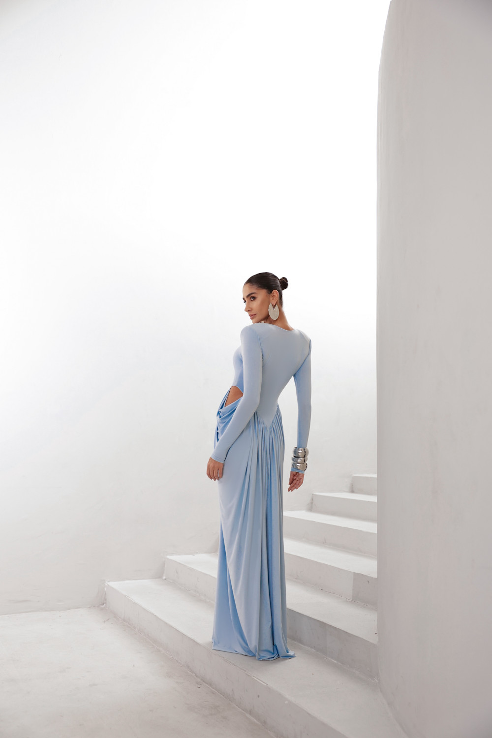 VESTIDO PARIS MANGA LONGA SAIA DRAPEADA - AZUL SERENITY