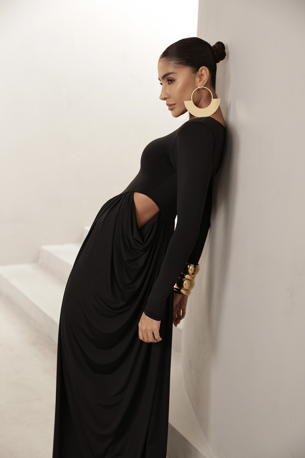 VESTIDO PARIS MANGA LONGA SAIA DRAPEADA - PRETO