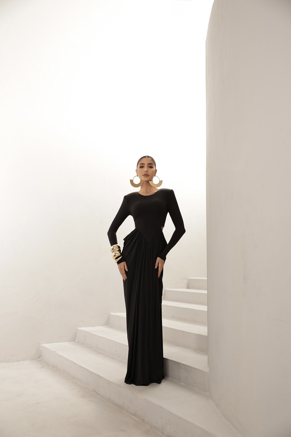VESTIDO PARIS MANGA LONGA SAIA DRAPEADA - PRETO