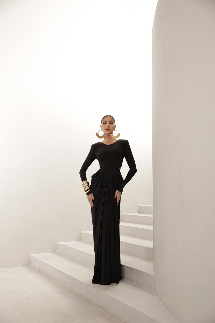 VESTIDO PARIS MANGA LONGA SAIA DRAPEADA - PRETO