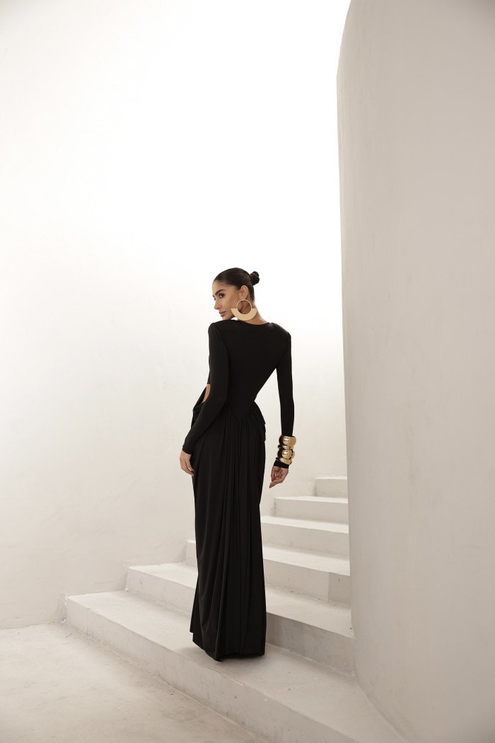 VESTIDO PARIS MANGA LONGA SAIA DRAPEADA - PRETO