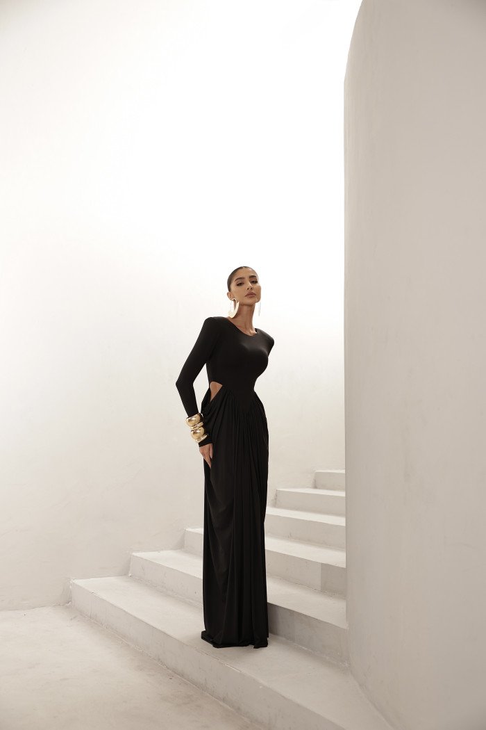 VESTIDO PARIS MANGA LONGA SAIA DRAPEADA - PRETO