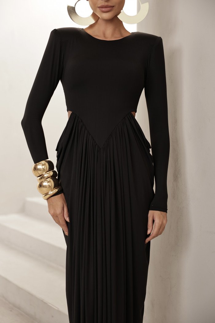 VESTIDO PARIS MANGA LONGA SAIA DRAPEADA - PRETO