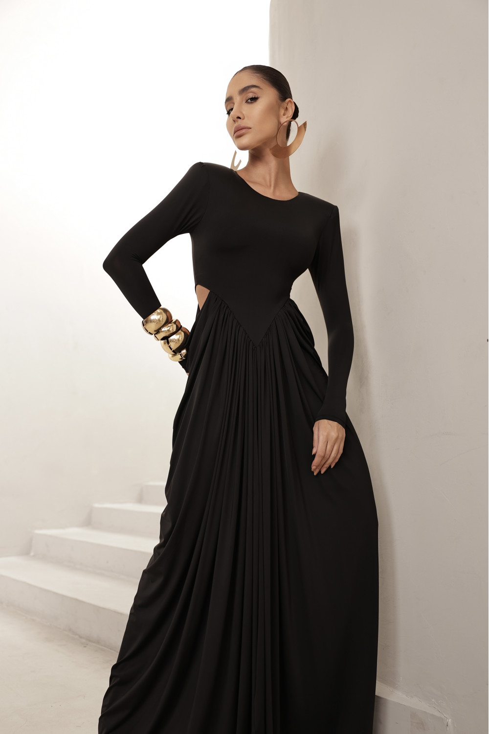 VESTIDO PARIS MANGA LONGA SAIA DRAPEADA - PRETO