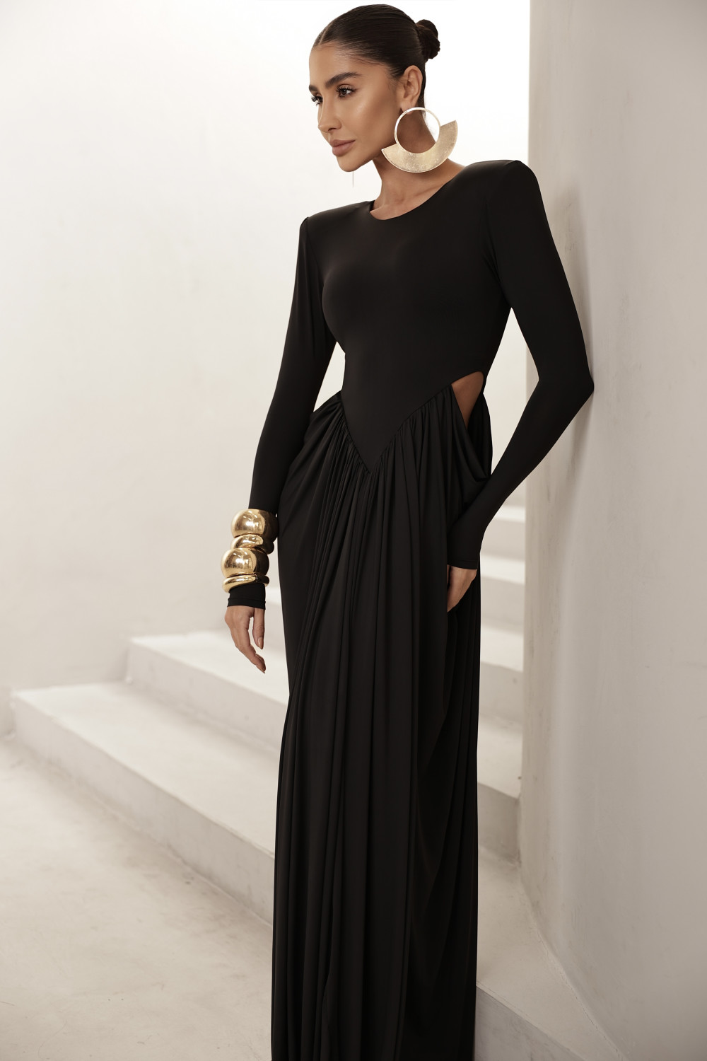 VESTIDO PARIS MANGA LONGA SAIA DRAPEADA - PRETO