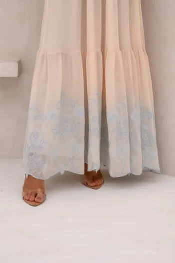 VESTIDO LONGO BORDADO LAÇO NAS COSTAS - BEGE