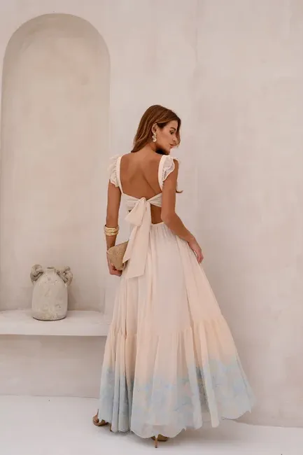 VESTIDO LONGO BORDADO LAÇO NAS COSTAS - BEGE