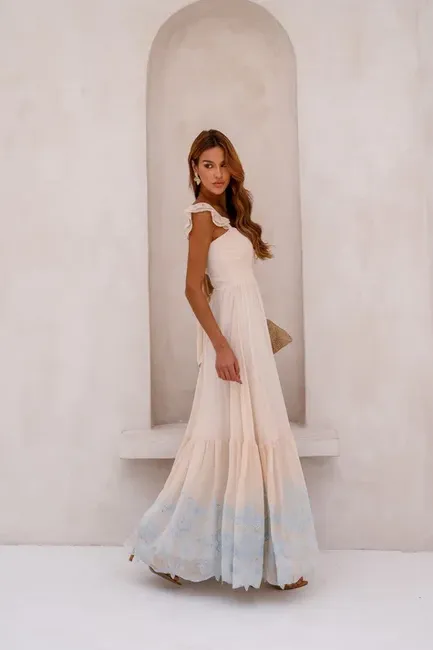 VESTIDO LONGO BORDADO LAÇO NAS COSTAS - BEGE