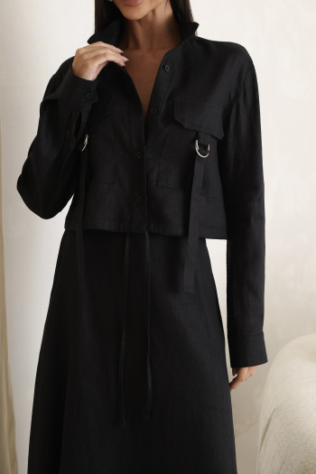 CONJUNTO GABY CAMISA E SAIA 100% LINHO - PRETO