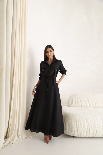 CONJUNTO GABY CAMISA E SAIA 100% LINHO - PRETO