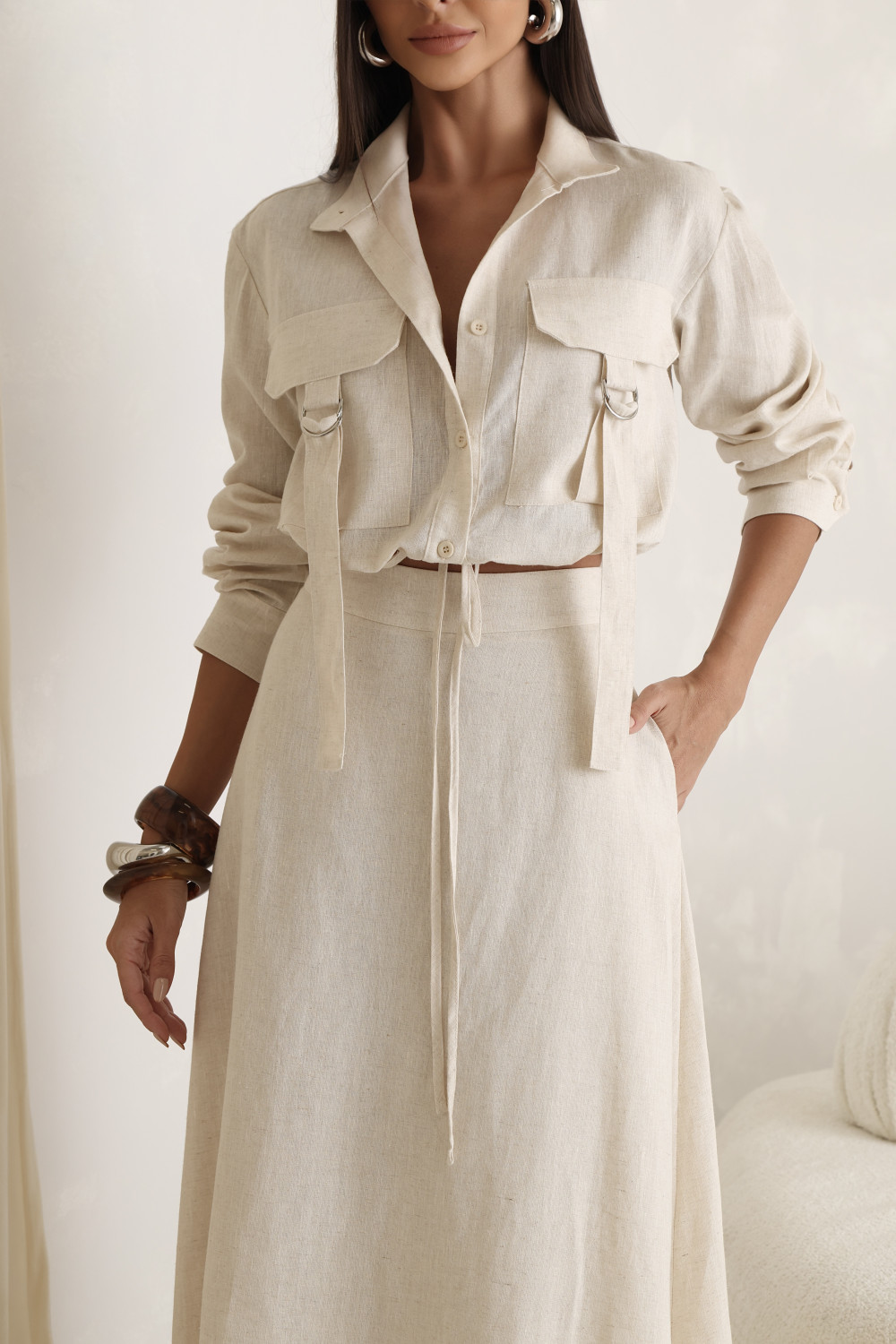 CONJUNTO GABY CAMISA E SAIA 100% LINHO - NATURAL