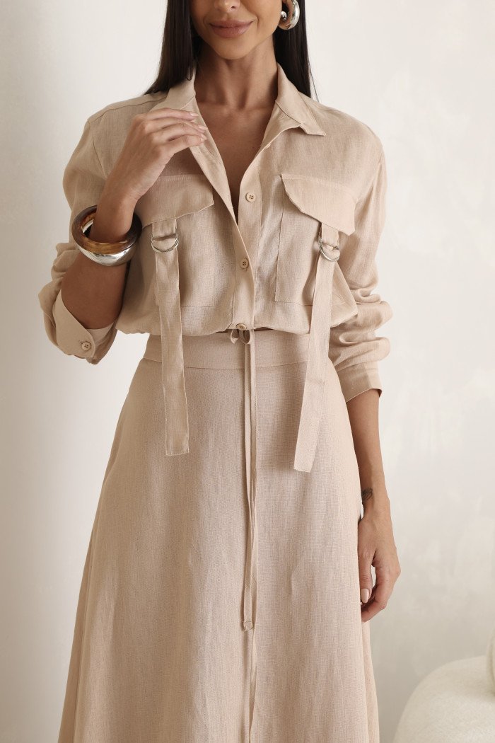 CONJUNTO GABY CAMISA E SAIA 100% LINHO - NUDE