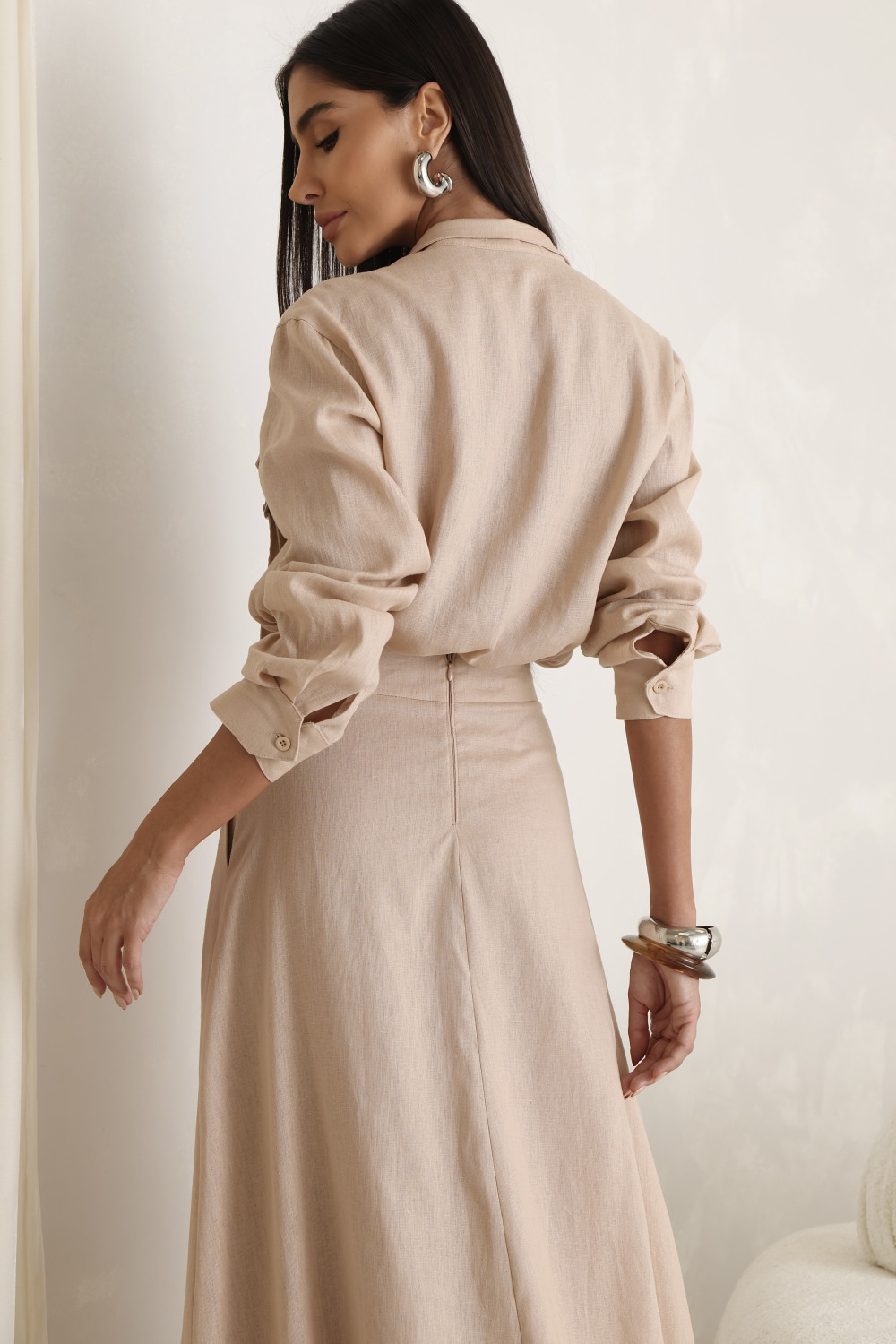 CONJUNTO GABY CAMISA E SAIA 100% LINHO - NUDE