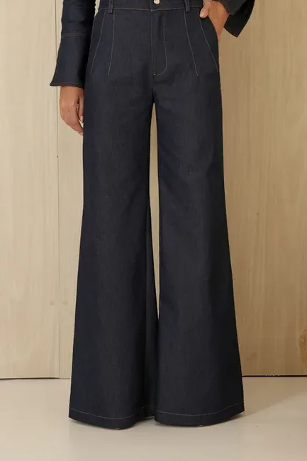 CONJUNTO CASAQUETO E CALÇA SARJA ALAFAITARIA - AZUL JEANS [PRÉ-VENDA]