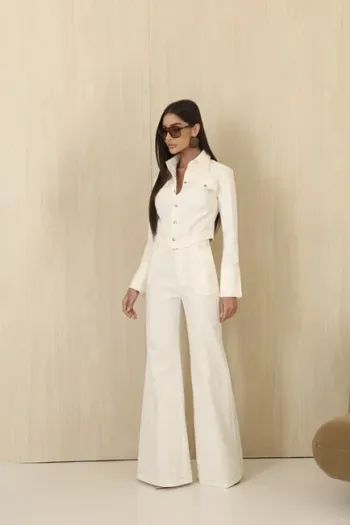 CONJUNTO CASAQUETO E CALÇA SARJA ALAFAITARIA - OFF WHITE [PRÉ-VENDA]