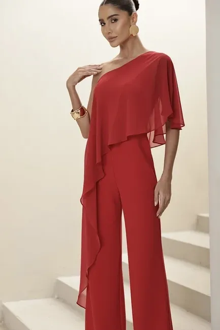 MACACÃO ANDRESSA SCUBA CREPE COM BLUSA FLUIDA - VERMELHO