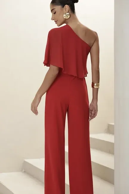 MACACÃO ANDRESSA SCUBA CREPE COM BLUSA FLUIDA - VERMELHO