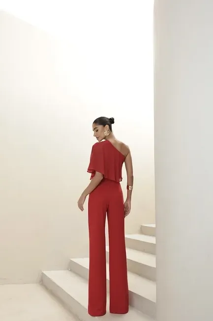 MACACÃO ANDRESSA SCUBA CREPE COM BLUSA FLUIDA - VERMELHO