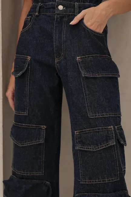 MACACÃO JEANS CARGO SAFIRA - JEANS ESCURO