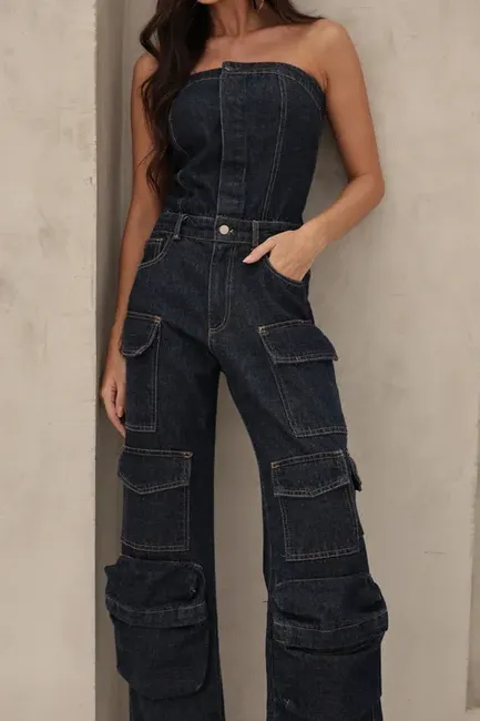MACACÃO JEANS CARGO SAFIRA - JEANS ESCURO