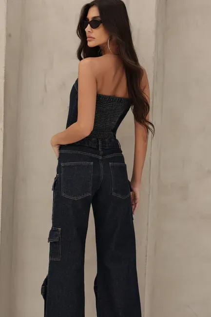 MACACÃO JEANS CARGO SAFIRA - JEANS ESCURO
