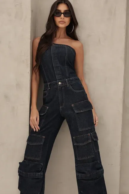 MACACÃO JEANS CARGO SAFIRA - JEANS ESCURO