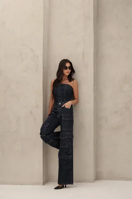 MACACÃO JEANS CARGO SAFIRA - JEANS ESCURO