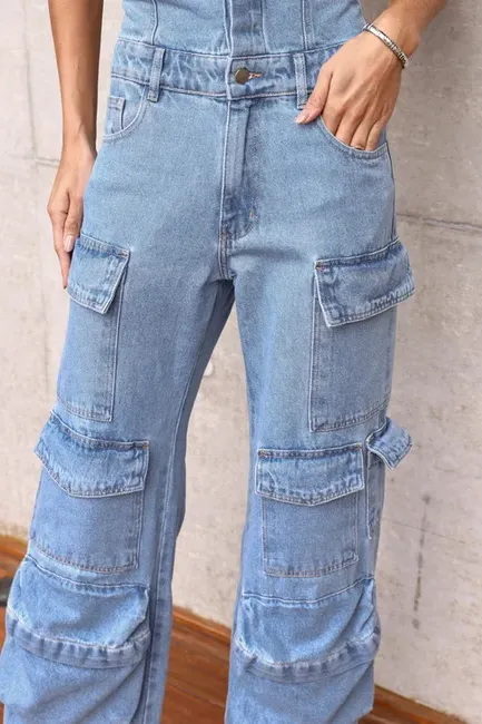 MACACÃO JEANS CARGO SAFIRA - JEANS CLARO