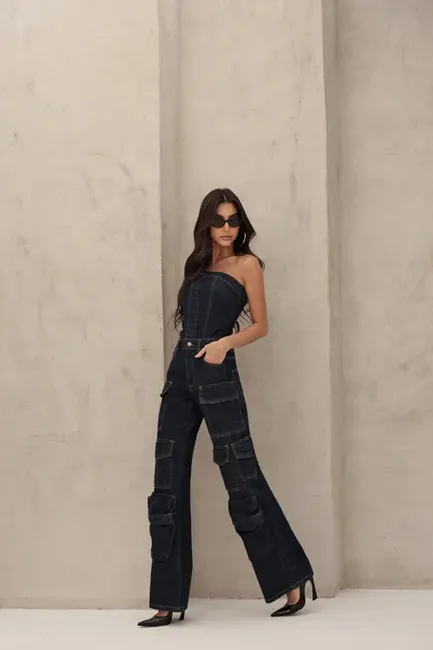 MACACÃO JEANS CARGO SAFIRA - JEANS ESCURO