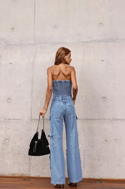 MACACÃO JEANS CARGO SAFIRA - JEANS CLARO