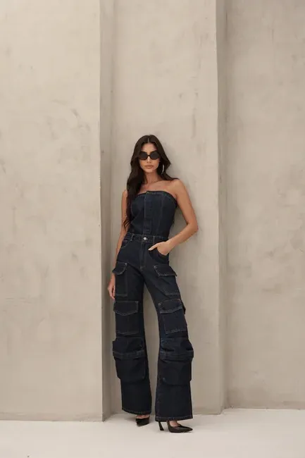 MACACÃO JEANS CARGO SAFIRA - JEANS ESCURO
