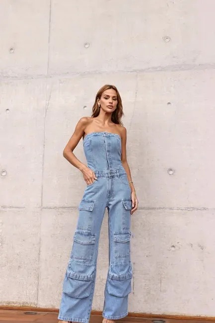 MACACÃO JEANS CARGO SAFIRA - JEANS CLARO