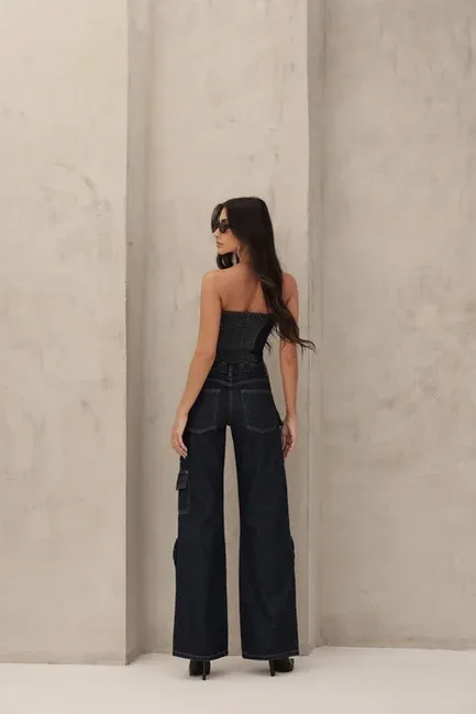 MACACÃO JEANS CARGO SAFIRA - JEANS ESCURO