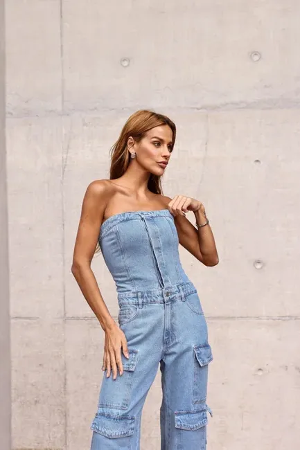 MACACÃO JEANS CARGO SAFIRA - JEANS CLARO