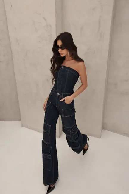 MACACÃO JEANS CARGO SAFIRA - JEANS ESCURO