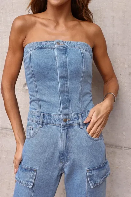 MACACÃO JEANS CARGO SAFIRA - JEANS CLARO