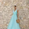 VESTIDO DE FESTA SAN ANDRES TULE COM FAIXA - AZUL SERENITY