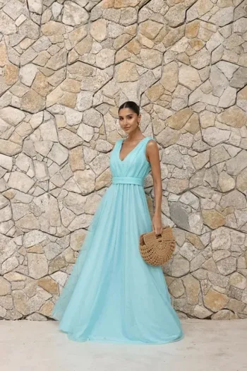 VESTIDO DE FESTA SAN ANDRES TULE COM FAIXA - AZUL SERENITY