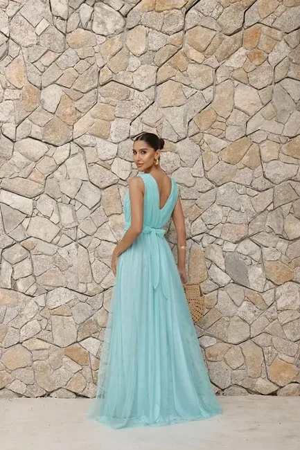 VESTIDO DE FESTA SAN ANDRES TULE COM FAIXA - AZUL SERENITY