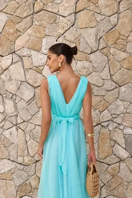 VESTIDO DE FESTA SAN ANDRES TULE COM FAIXA - AZUL SERENITY