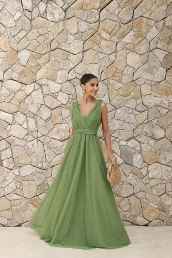 VESTIDO DE FESTA SAN ANDRES TULE COM FAIXA - VERDE EUCALIPTO