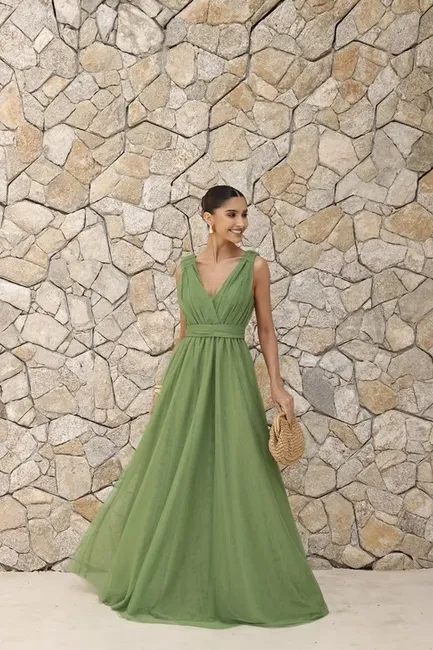 VESTIDO DE FESTA SAN ANDRES TULE COM FAIXA - VERDE EUCALIPTO